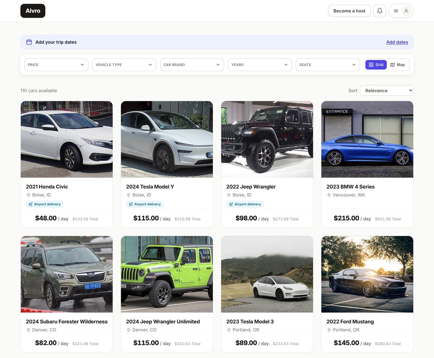 Cars listed on Alvro — real cars from local hosts with ratings and upfront pricing