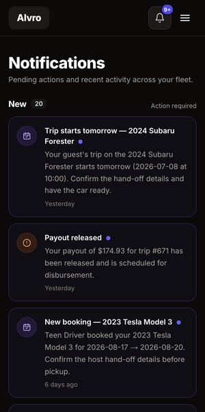Alvro host notifications, dark mode